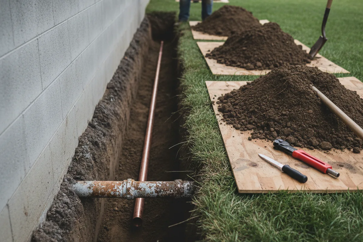 Excavated water line trench during Water Heater Repair in Emerald Isle